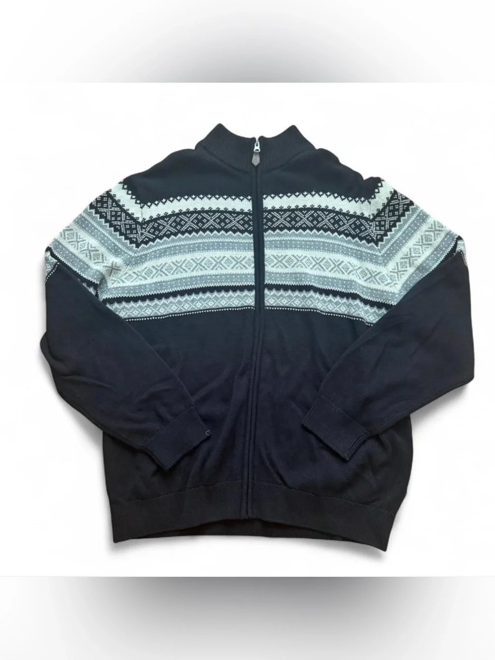 Chaps Mens 2XL Full Zip Christmas Sweater NWT Black Snowflake Mock Neck Cotton - Picture 5 of 14